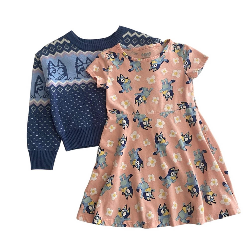 Bluey Girls Dress and Sweater Outfit 5/6 Peach Allover Print Blue Fair Isle Look